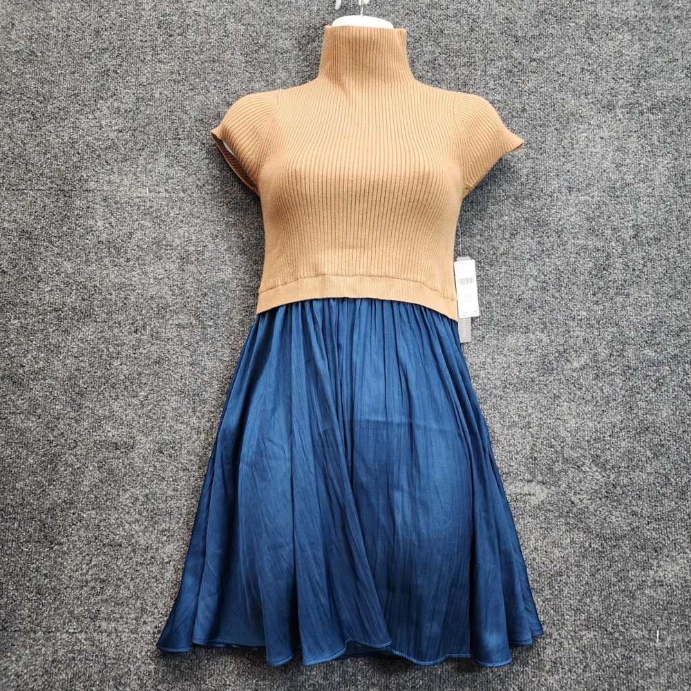 NWT Anthropologie Women's XSP Ribbed Mock Neck Pleated Colorblock Dress Preppy